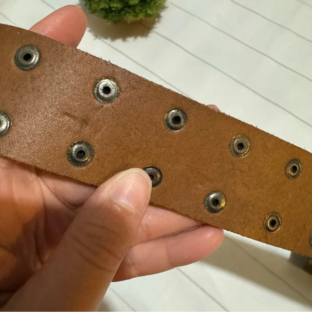 Vintage Brown Genuine Leather Studded‎ Grommet Belt Mens Size 2XL